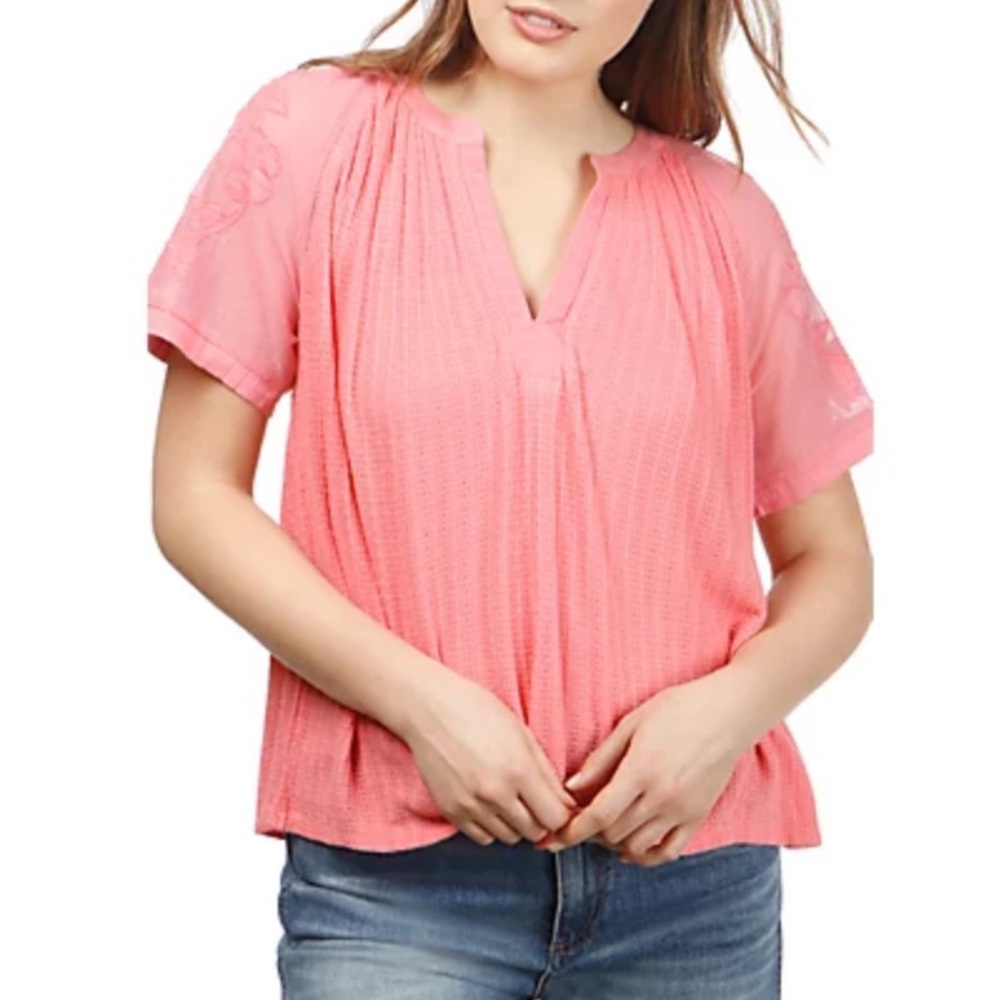 Lucky Brand Pink Split-Neck Short Sleeve Top